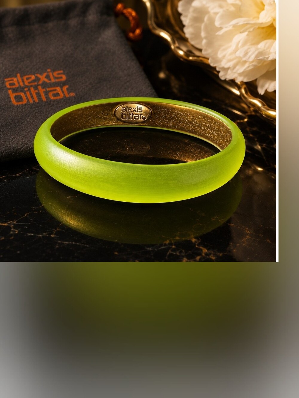 Alexis Bittar Neon Lime Green Lucite Dome Bangle Bracelet Gold Tone